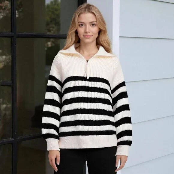 Women's Stripe Sweater Half Turtleneck Zipper Long Sleeve Knit Striped White - Picture 6 of 7